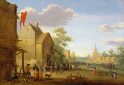 Een dorpsvergadering met figuren verzameld op straat, 1624 door Joost Cornelisz. Droochsloot